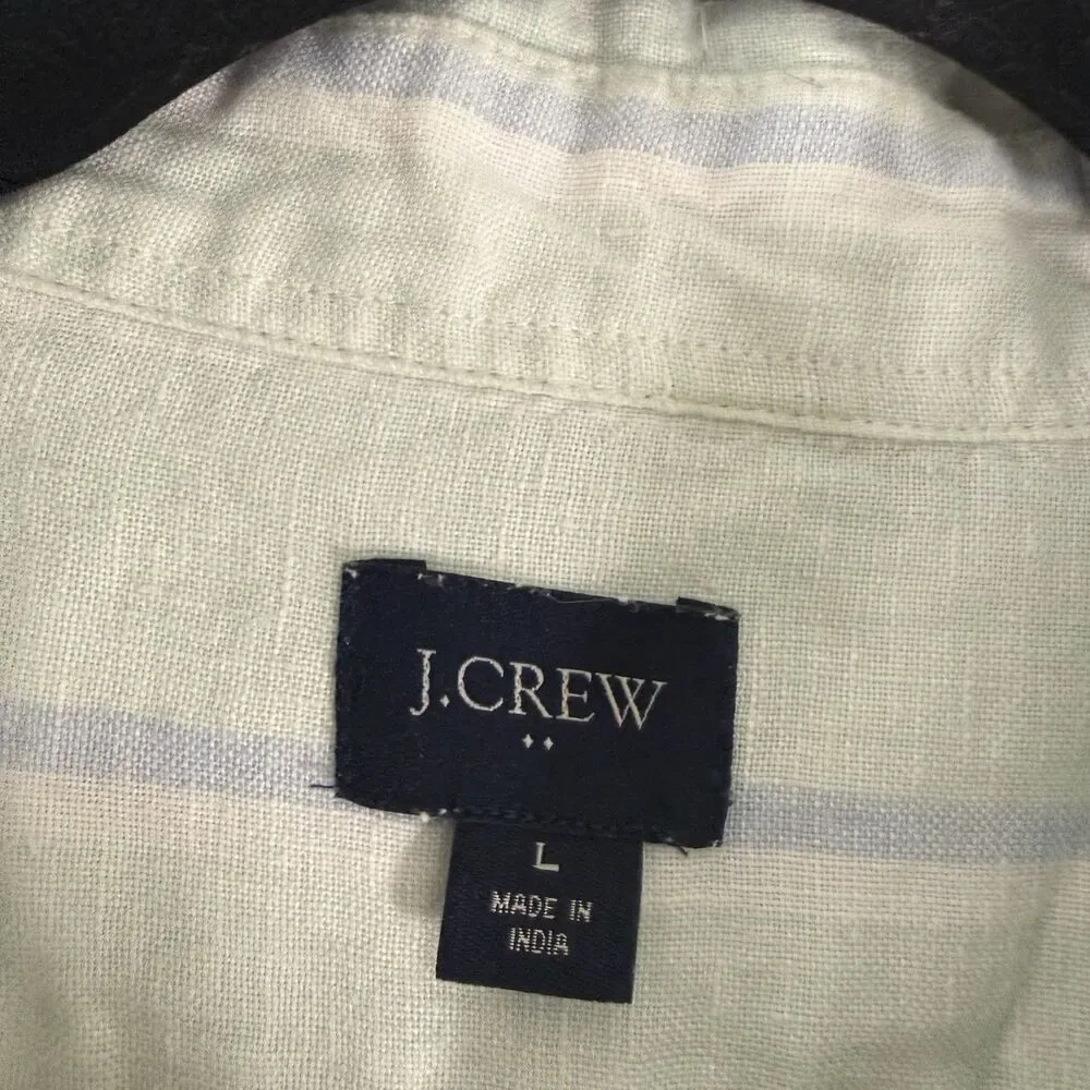 J. Crew 100% Linen Shirt Men's Large Green Blue Striped Short Sleeve Button Up